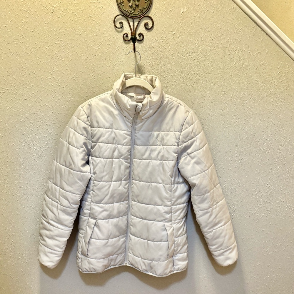 Puma Puffy Zip Front Jacket Coat Outdoors Sporty Cream Pockets Women’s Large